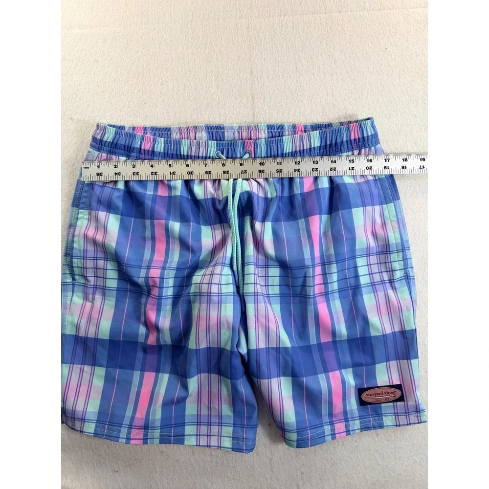 Vineyard Vines Mens Blue Pink Plaid Swim Trunks Drawstring Shorts Size L